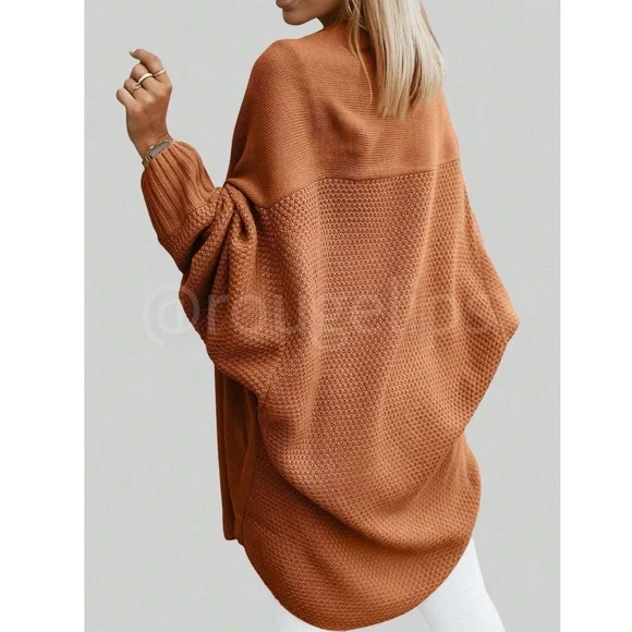 Rust Brown Open Cardigan Knit Long Batwing Sleeve - Picture 2 of 4